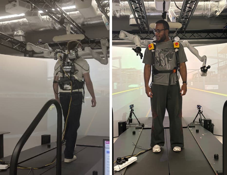 The rig: two arms on a backpack mount, motion-capture cameras overhead, a treadmill underneath.